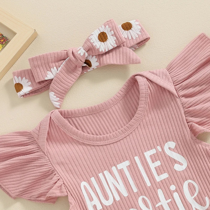 Baby Girl Summer Outfit Set – 3-Piece Flying Sleeve Romper, Floral Shorts & Headband (0–18M)
