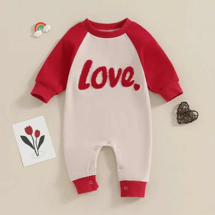 Baby Girl Valentine's Day Romper – Heart Embroidered Long Sleeve Jumpsuit (0–18M)