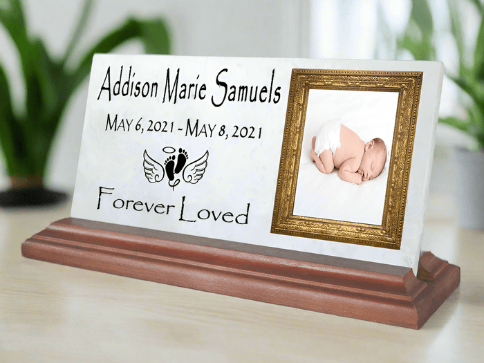 Baby Memorial Plaque For Shelf or Desktop With Photo Printed Marble 8" x 4" - Broad Bay Personalized Gifts Shipped Fast
