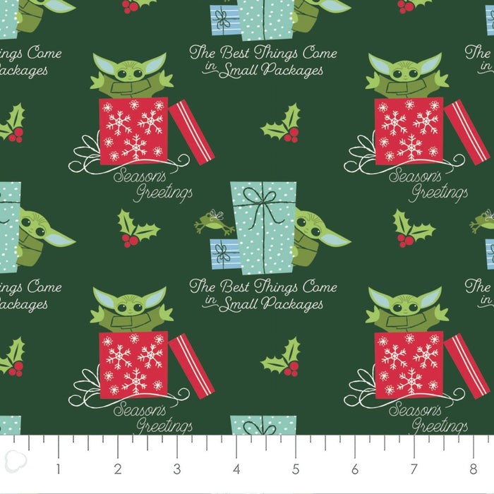 Baby Yoda Small Packages Holiday Fabric, Camelot
