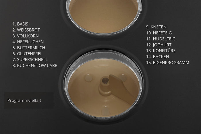 Nahaufnahme des Unold Backmeister® Big-Bedienfelds mit zwei Knetfächern und einer deutschen Liste mit 15 Backprogrammen, darunter „Weißbrot“, „Vollkorn“ und „Joghurt“.