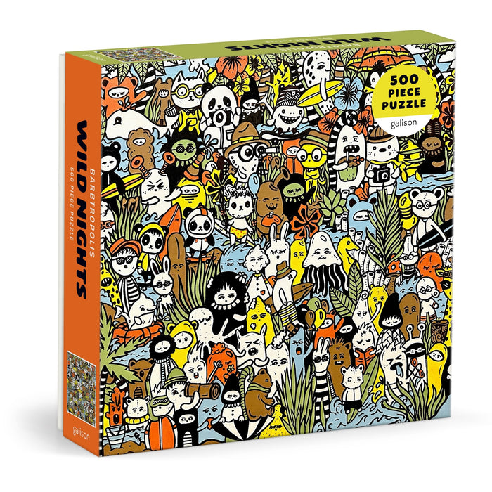 The Barbtropolis Wild Nights 500 Piece Puzzle features a vivid, cartoon-style scene of animals and whimsical creatures in a lush jungle, packaged in a colorful box.