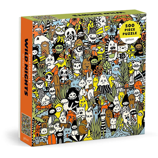 The Barbtropolis Wild Nights 500 Piece Puzzle features a vivid, cartoon-style scene of animals and whimsical creatures in a lush jungle, packaged in a colorful box.