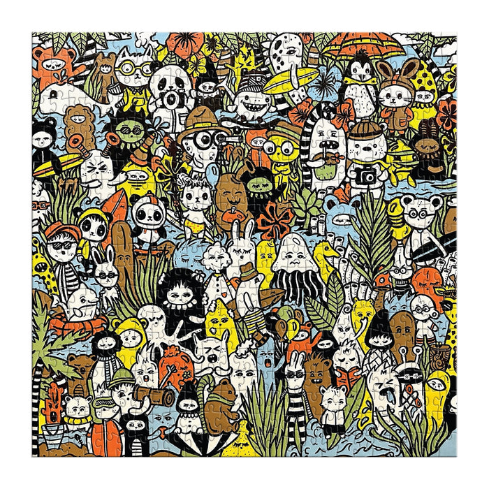 The Barbtropolois Wild Nights 500 Piece Puzzle by Barbtropolis showcases a lively scene filled with pandas, cats, rabbits, and birds with expressive faces, surrounded by plants and whimsical objects in a vibrant, packed illustration.
