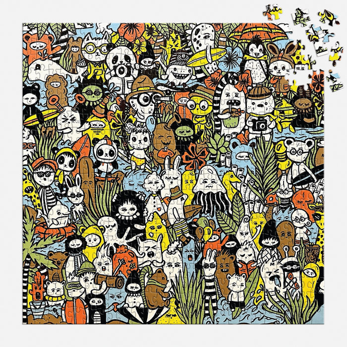 The Barbtropolis Wild Nights 500 Piece Puzzle features a vibrant scene of cartoon animals and characters amid lush plants, with some puzzle pieces missing in the top right corner and a few scattered nearby.