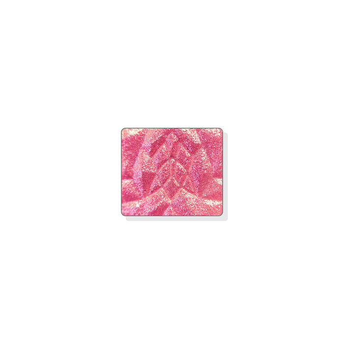A single multichrome eyeshadow in colour Baroness on a white background. A salmon pink base with large particles that shift bright pink-peach-chartreuse.