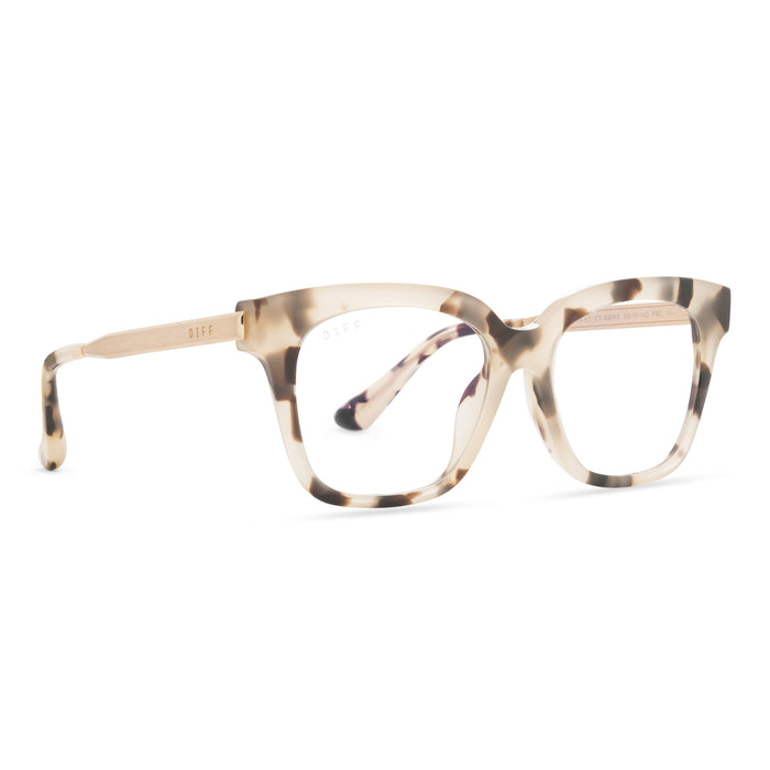 diff eyewear bella xs square glasses with a small cream tortoise acetate frame and prescription lenses angled view
