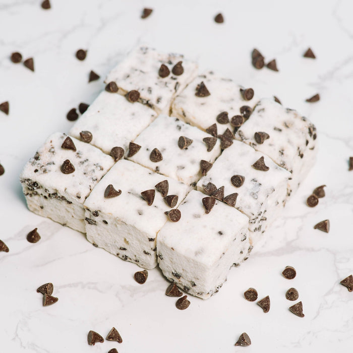 A stack of XO Marshmallow chocolate chip flavored marshmallows