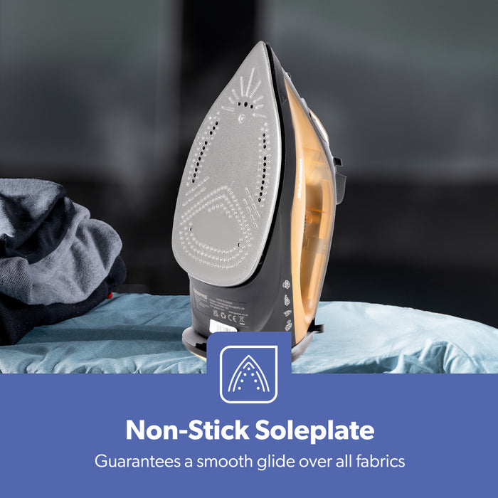 Black & Gold 1800W Non-Stick Steam Iron With Adjustable Temperature