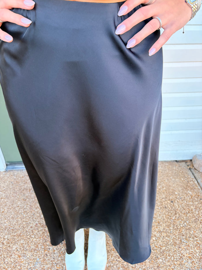 black silk midi skirt