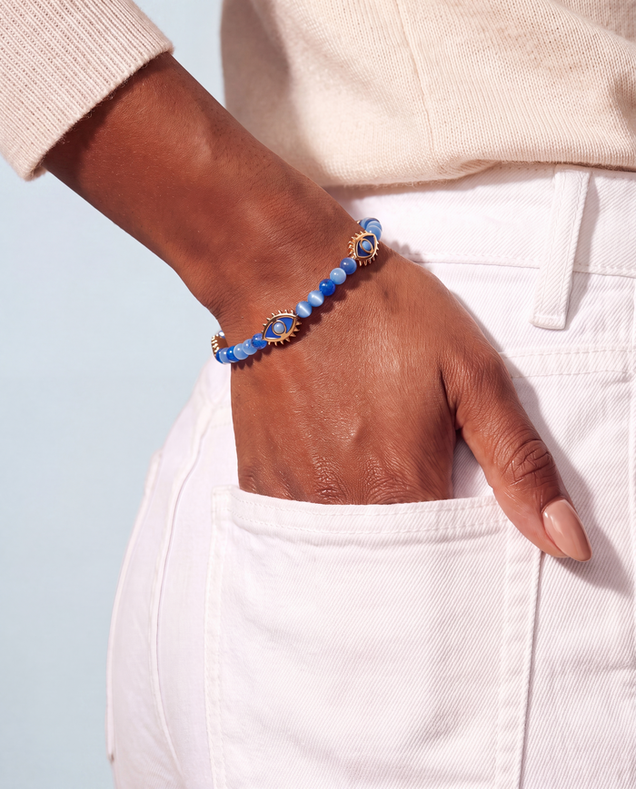 Blue Aventurine Repeat Evil Eye Charm Beaded Bangle