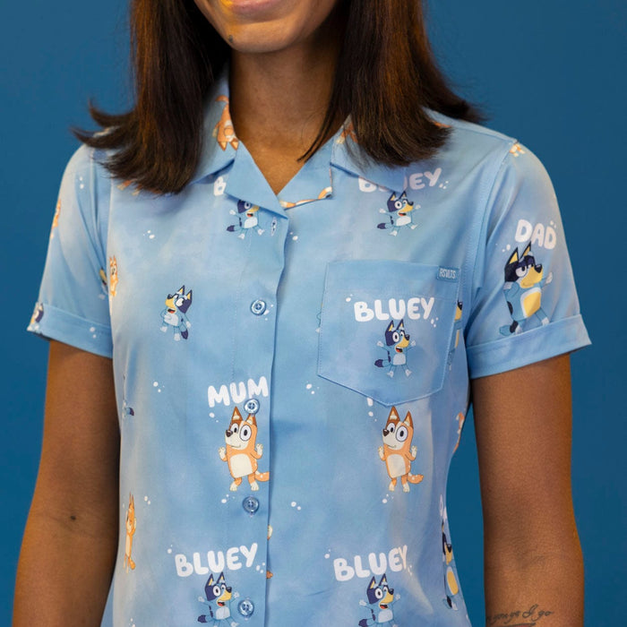 RSVLTS Bluey Women's Short Sleeve Shirt Bluey "Meet the Heelers" – Women's KUNUFLEX Short Sleeve Shirt