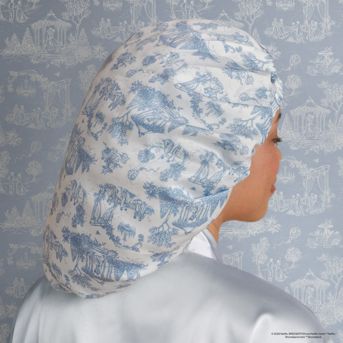 Model wearing Bridgerton x Kitsch Breathable Satin Bonnet in Garden Toile — lifestyle shot — breathable satin bonnet