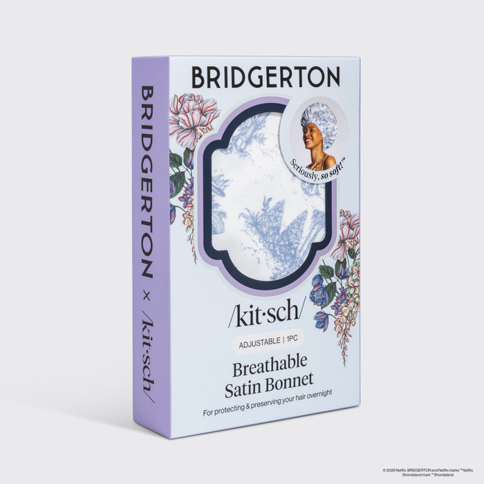 Bridgerton x Kitsch Breathable Satin Bonnet in Garden Toile — packaging shot — limited-edition Bridgerton collab