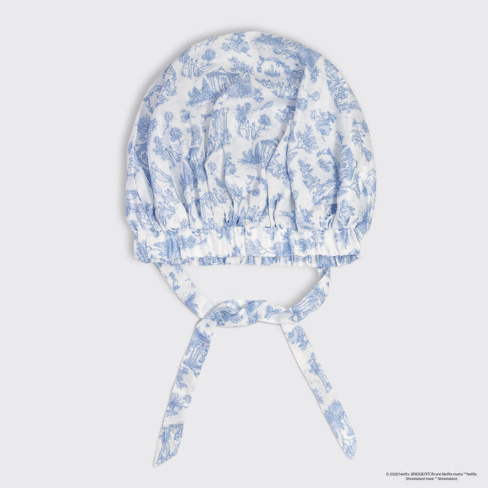 Bridgerton x Kitsch Breathable Satin Bonnet in Garden Toile — flat-lay product shot — breathable double-layered satin, toile print