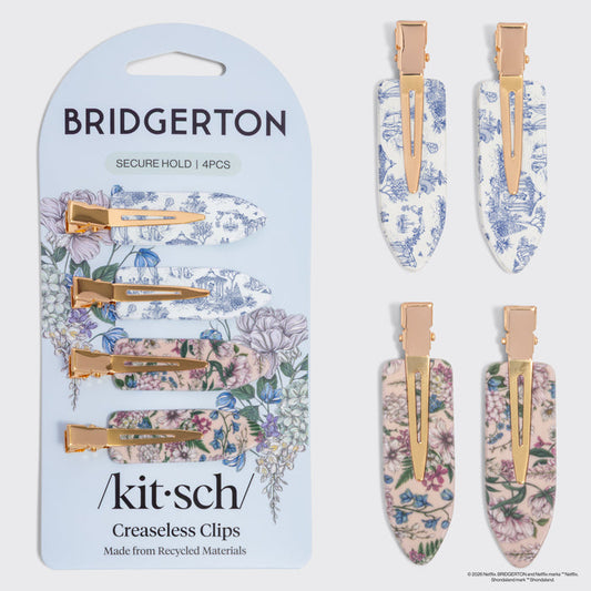 Bridgerton x Kitsch Creaseless Clips in Toile in Bloom shown with floral packaging.