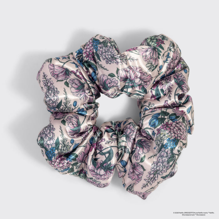 KITSCH Bridgerton x Kitsch Satin Pillow Scrunchies® in Toile in Bloom — close-up detail of Toile in Bloom floral satin print — pillow-soft satin gentle enough to sleep in every night