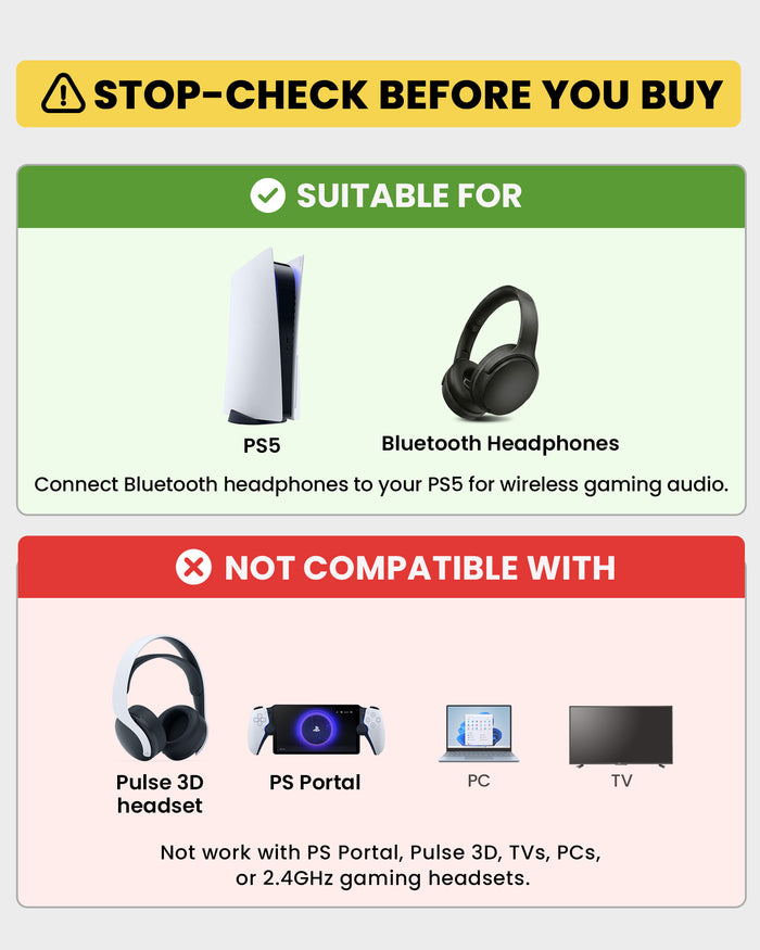 C81-Gaming PS5 Bluetooth Audio Adapter, not compatible with Xbox, PS Portal, 2.4GHz gaming headsets, TVs, projectors, printers, or car audio systems.
