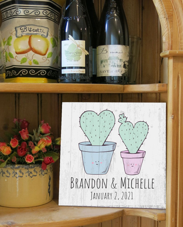 Personalized Wedding Anniversary Sign With Dates And Names Cute Custom Couples Cactus Gift - 10.5in x 10.5in� - Broad Bay Personalized Gifts Shipped Fast