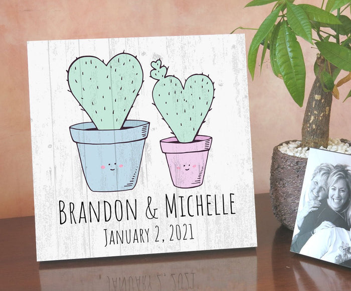 Personalized Wedding Anniversary Sign With Dates And Names Cute Custom Couples Cactus Gift - 10.5in x 10.5in� - Broad Bay Personalized Gifts Shipped Fast