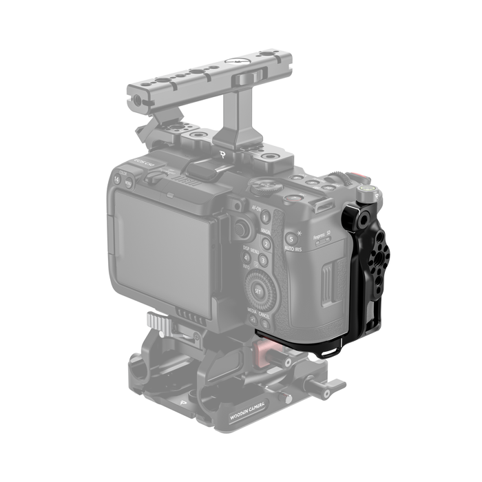 Canon EOS C50 camera body with wooden camera cage grip on a white background - back