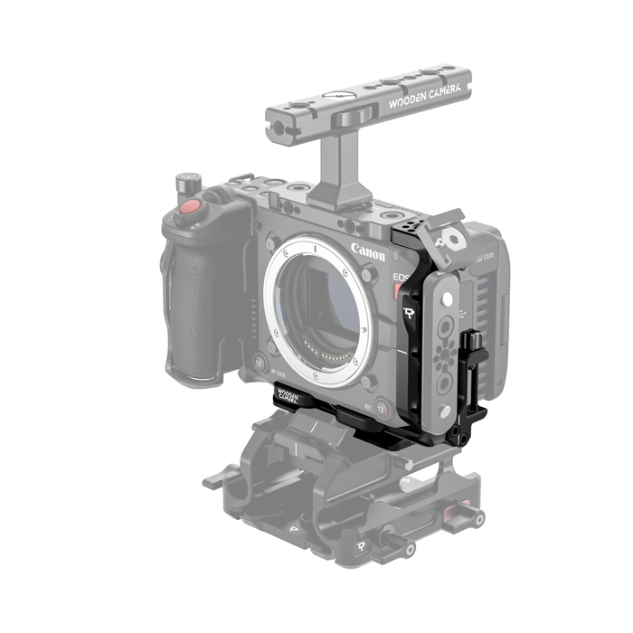 Canon EOS C50 camera body with wooden camera cage l-bracket on a white background