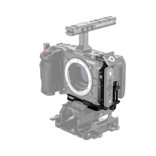 Canon EOS C50 camera body with wooden camera cage l-bracket on a white background