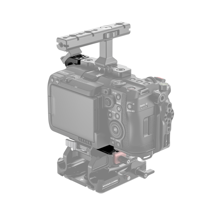 Canon EOS C50 camera body with wooden camera cage l-bracket on a white background - back