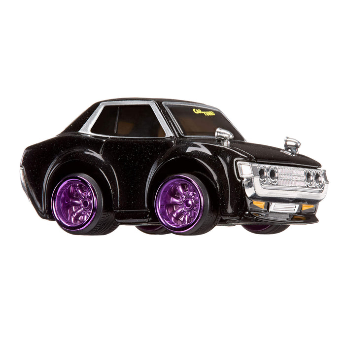 Black toy car with purple wheels on a white background