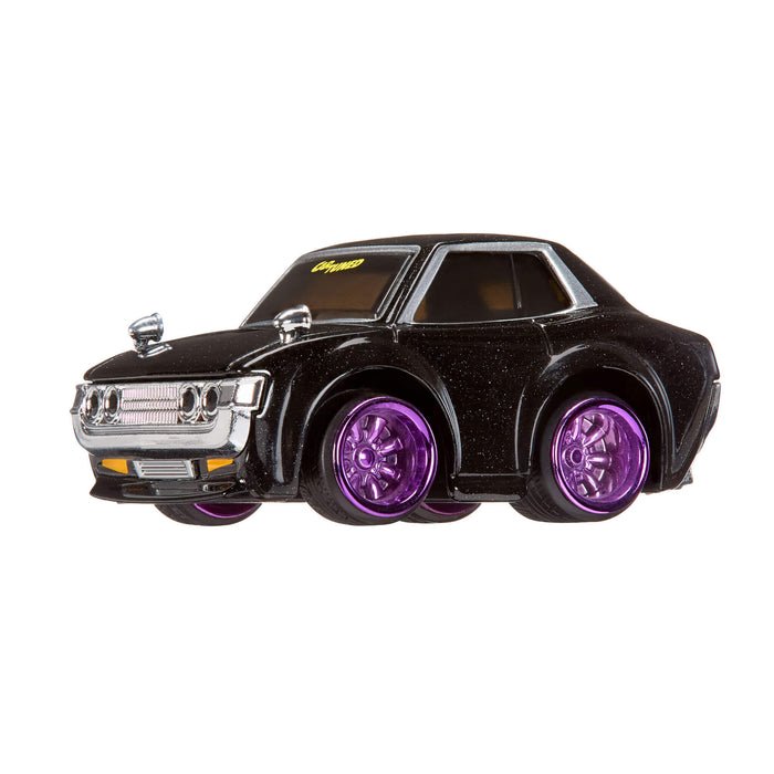 Black toy car with purple wheels on a white background
