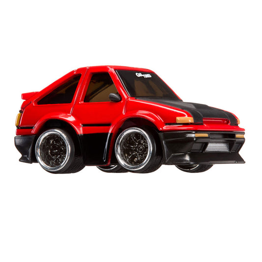 Red toy car with black accents on a white background