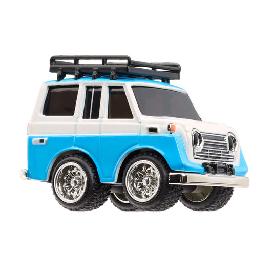 Toy car with a blue body and white roof on a white background