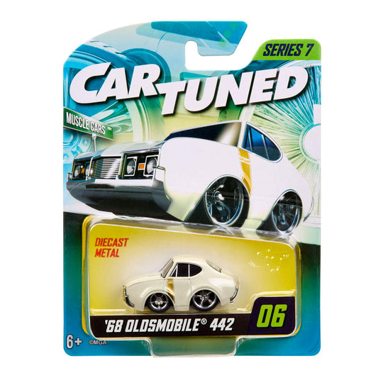 Cartuned '68 Oldsmobile 442 diecast car in packaging on a white background