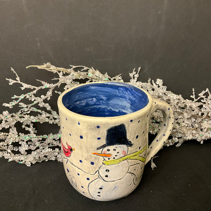 Carved Snowman with Scarf & Cardinal Mug