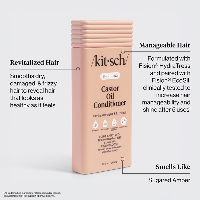 Kitsch Castor Oil Conditioner packaging with product features highlighted on a white background; features include: Revitalized Hair — Smooths dry, damaged, & frizzy hair to reveal hair that looks as healthy as it feels.
Manageable Hair — Formulated with Fision® HydraTress and paired with Fision® EcoSil, clinically tested to increase hair manageability and shine after 5 uses.
Smells Like — Sugared Amber