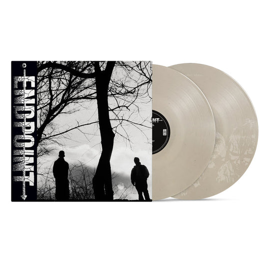 A vinyl record set from Endpoint with a black and white cover showing two people’s silhouettes by leafless trees. The word ENDPOINT runs vertically on the left, and two translucent vinyl records are partly visible.