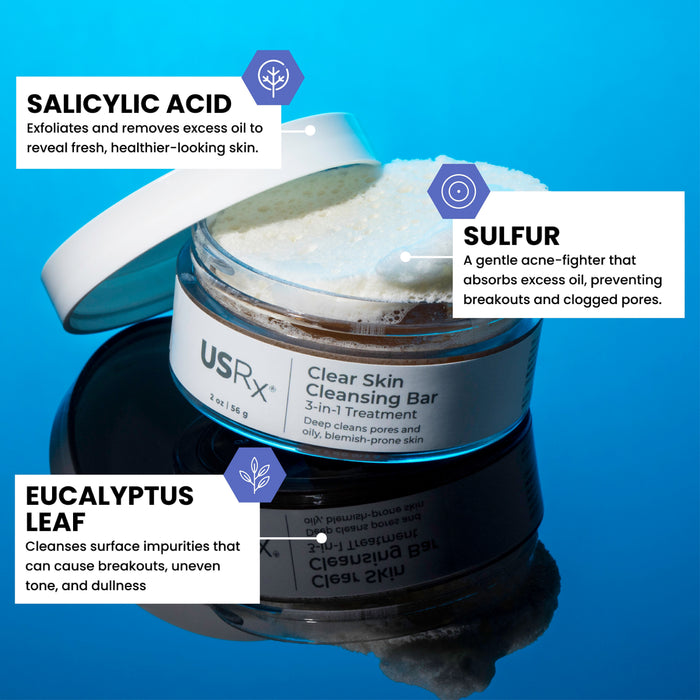 Jar of USRx Clear Skin Cleansing Bar on a blue background with text overlay