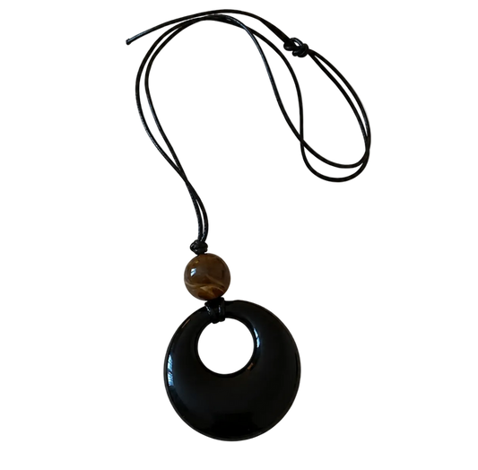 Cleo Noir Necklace - leather cord necklace with bead and round black pendant