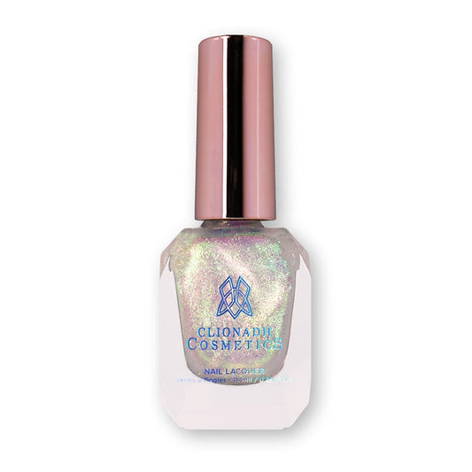 Bottle of nail polish containing Cloud 9 Nail Lacquer on white background.