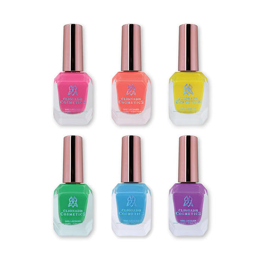 Six bottles of nail polish containing Cloud Crelly Nail Lacquers on a white background.