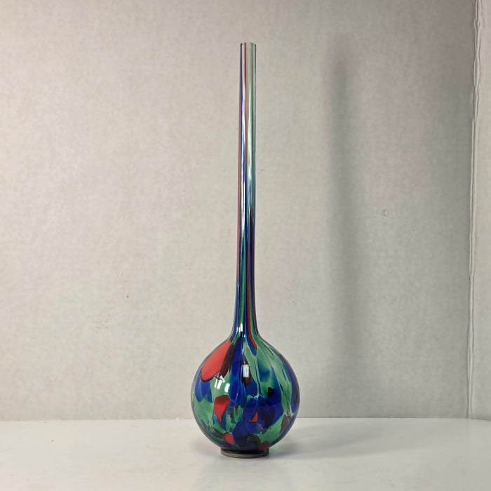Colorful 14-inch hand-blown glass plant watering ball adding vibrant flair.