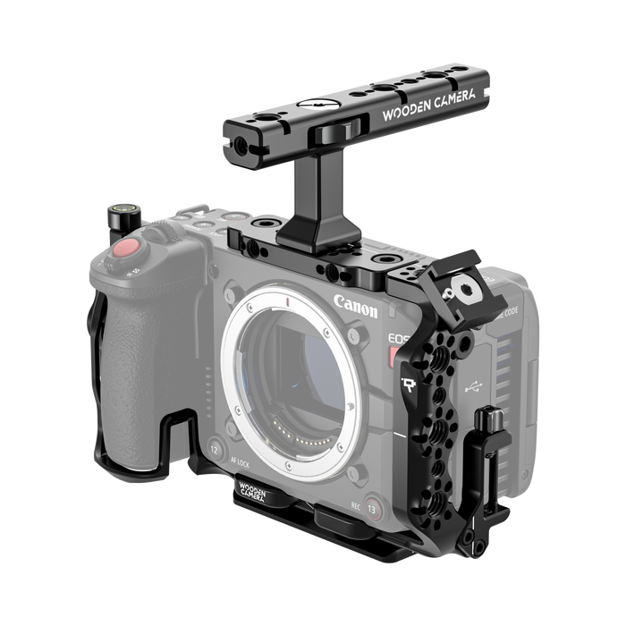 Canon EOS C50 camera body with wooden camera cage on a white background