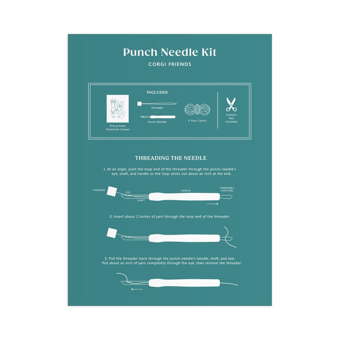 The Corgi Friends Punch Needle Kit by Anne Bentley includes an instruction sheet showing a punch needle, yarn, and scissors with illustrated step-by-step threading instructions.