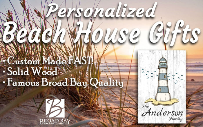 Custom Beach Home Sign Lighthouse Design with Family Name - Solid Wood - Broad Bay Personalized Gifts Shipped Fast