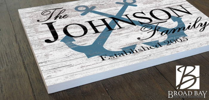 Custom Lake House or Beach House Sign Family Name and Established Date Anchor Design - Broad Bay Personalized Gifts Shipped Fast