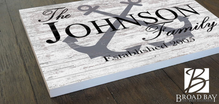 Custom Lake House or Beach House Sign Family Name and Established Date Anchor Design - Broad Bay Personalized Gifts Shipped Fast