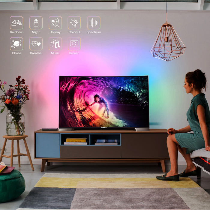 woman is enjoying tv with dekala tv backlight
