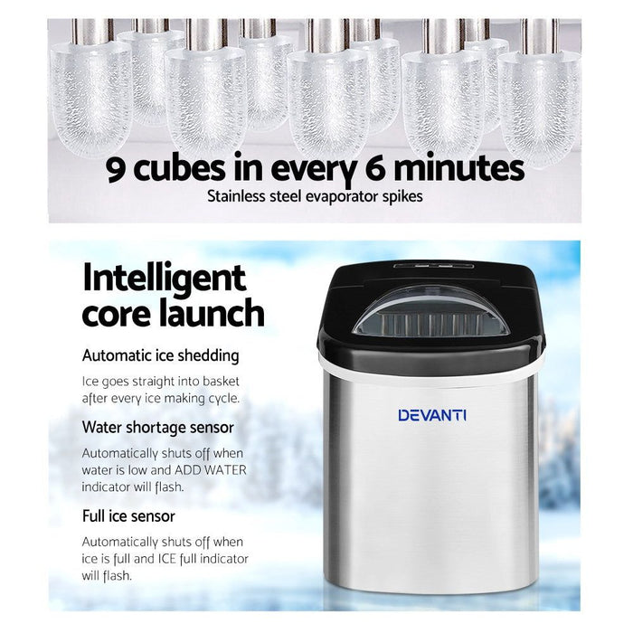 Devanti 2.4L Stainless Steel Portable Ice Cube Maker -Home Living Store - -
