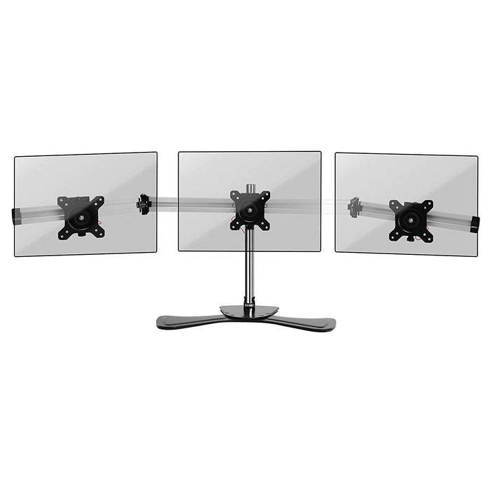 Duronic Computer Monitor Arms Stand featuring a heavy-duty freestanding base and adjustable articulating arms with VESA-compatible mounts for a panoramic display setup.