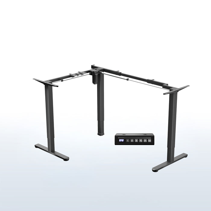Black L-shaped adjustable desk with remote control on a white background
